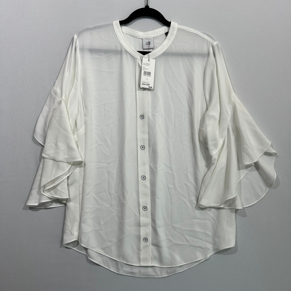 Cabi Float Blouse White NWT Size L Ruffle Tiered Flounce Sleeve Crew Neck Top